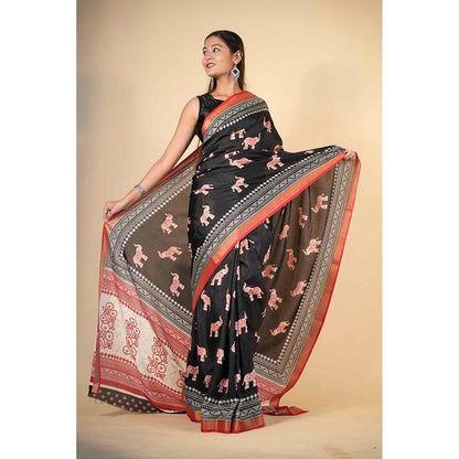 Isadora Life Black Printed Pre-Draped Saree with Unstitched Blouse