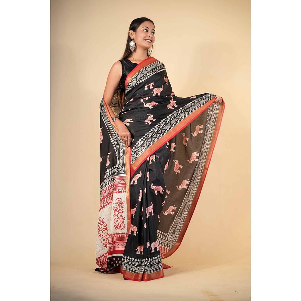 Isadora Life Black Printed Pre-Draped Saree with Unstitched Blouse