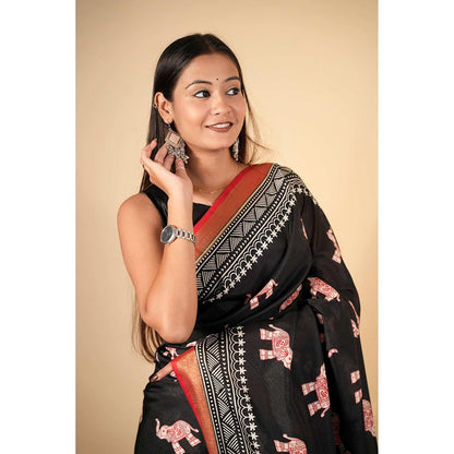 Isadora Life Black Printed Pre-Draped Saree with Unstitched Blouse