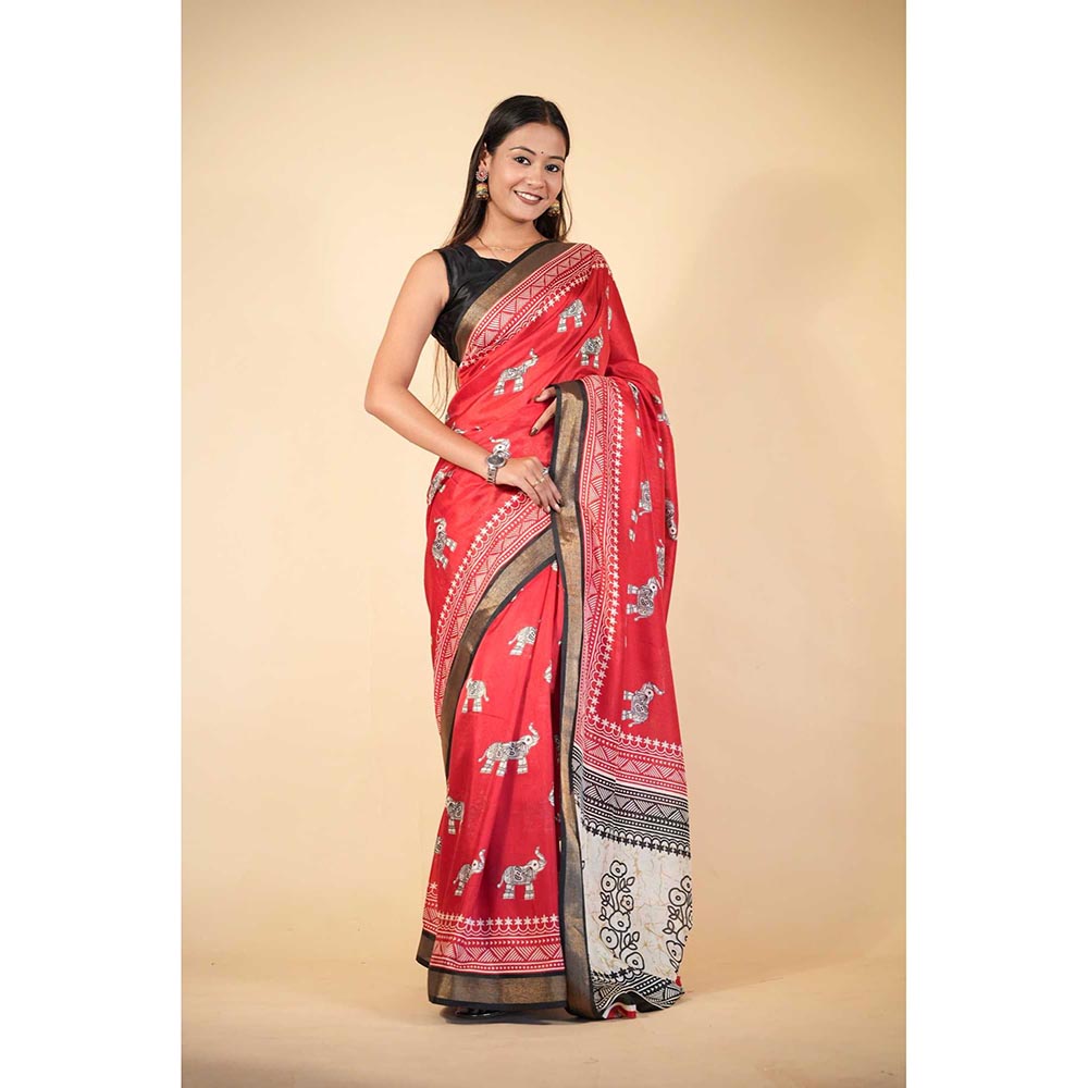 Isadora Life Red Printed Pre-Draped Saree with Unstitched Blouse