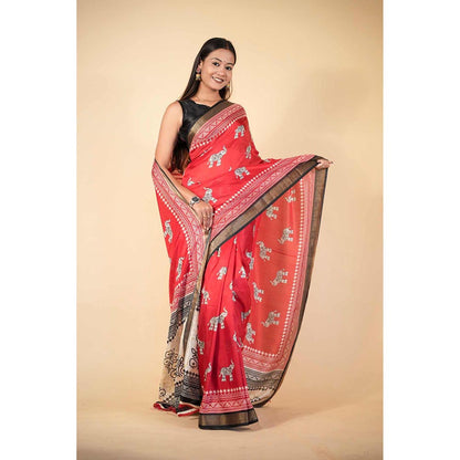 Isadora Life Red Printed Pre-Draped Saree with Unstitched Blouse