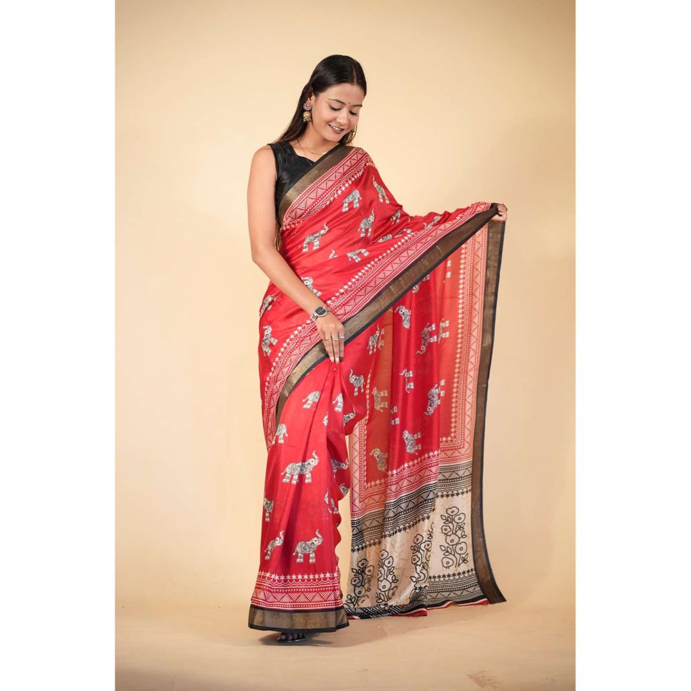 Isadora Life Red Printed Pre-Draped Saree with Unstitched Blouse