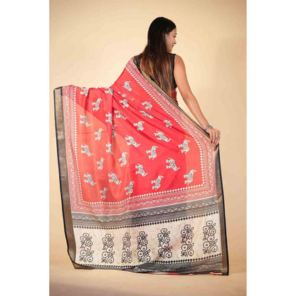 Isadora Life Red Printed Pre-Draped Saree with Unstitched Blouse