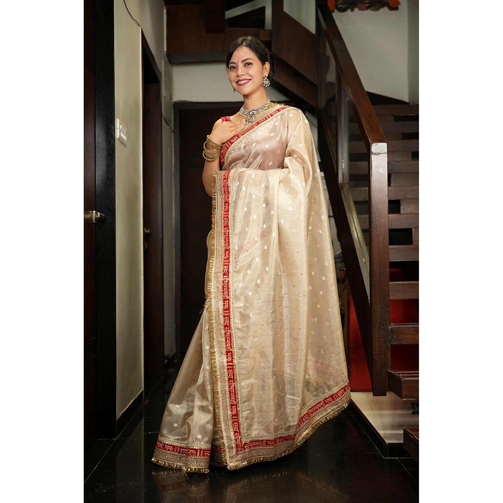 Isadora Life Beige Woven Pre-Draped Saree with Unstitched Blouse