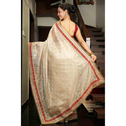 Isadora Life Beige Woven Pre-Draped Saree with Unstitched Blouse