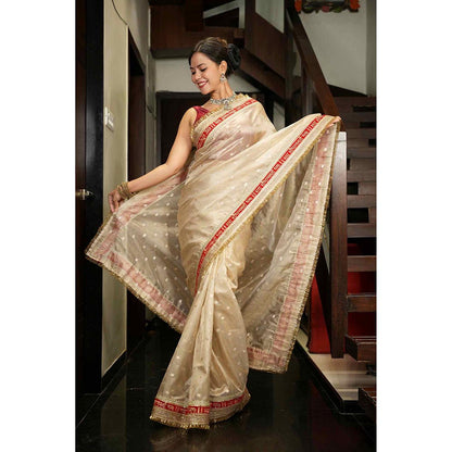 Isadora Life Beige Woven Pre-Draped Saree with Unstitched Blouse