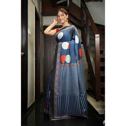 Isadora Life Blue Printed Pre-Draped Saree with Unstitched Blouse
