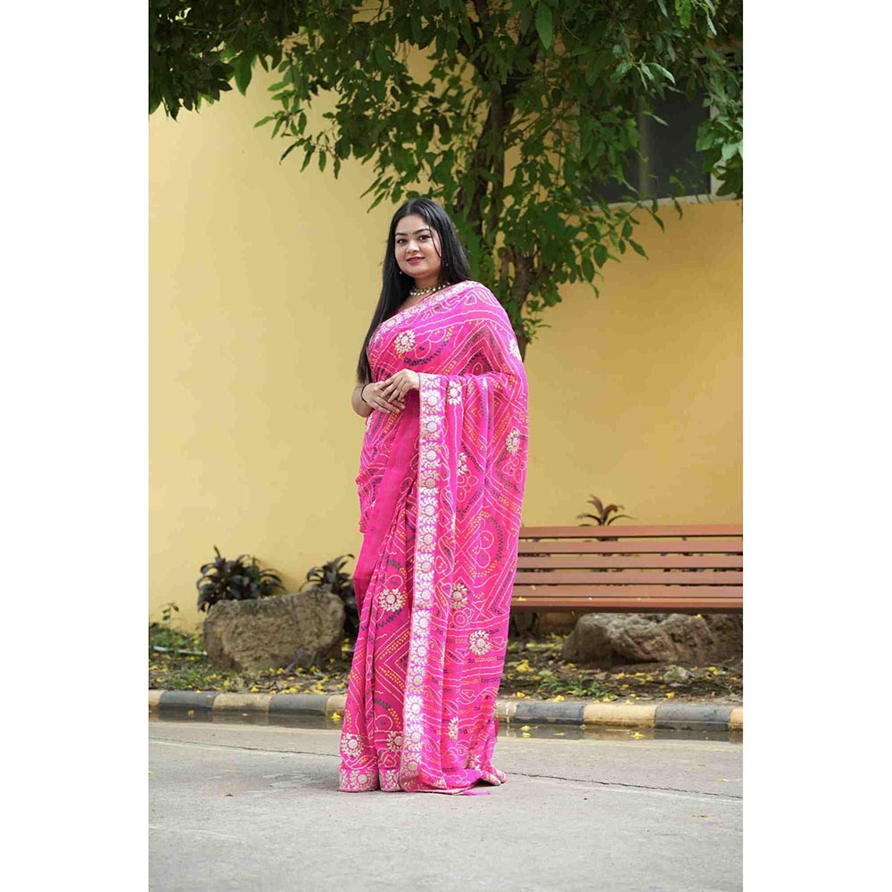 Isadora Life Pink Printed Pre-Draped Saree with Unstitched Blouse