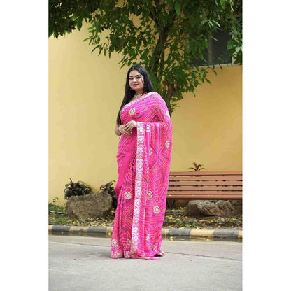 Isadora Life Pink Printed Pre-Draped Saree with Unstitched Blouse