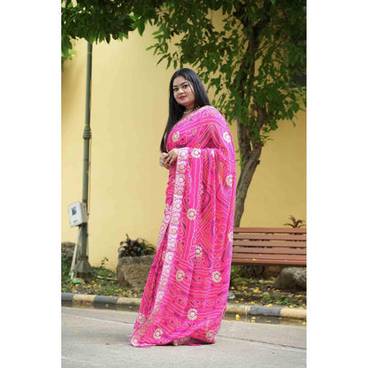 Isadora Life Pink Printed Pre-Draped Saree with Unstitched Blouse