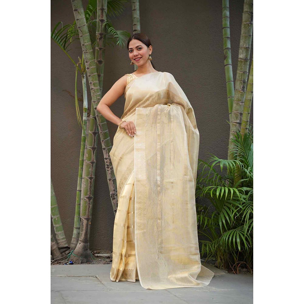 Isadora Life Gold Woven Pre-Draped Saree with Unstitched Blouse