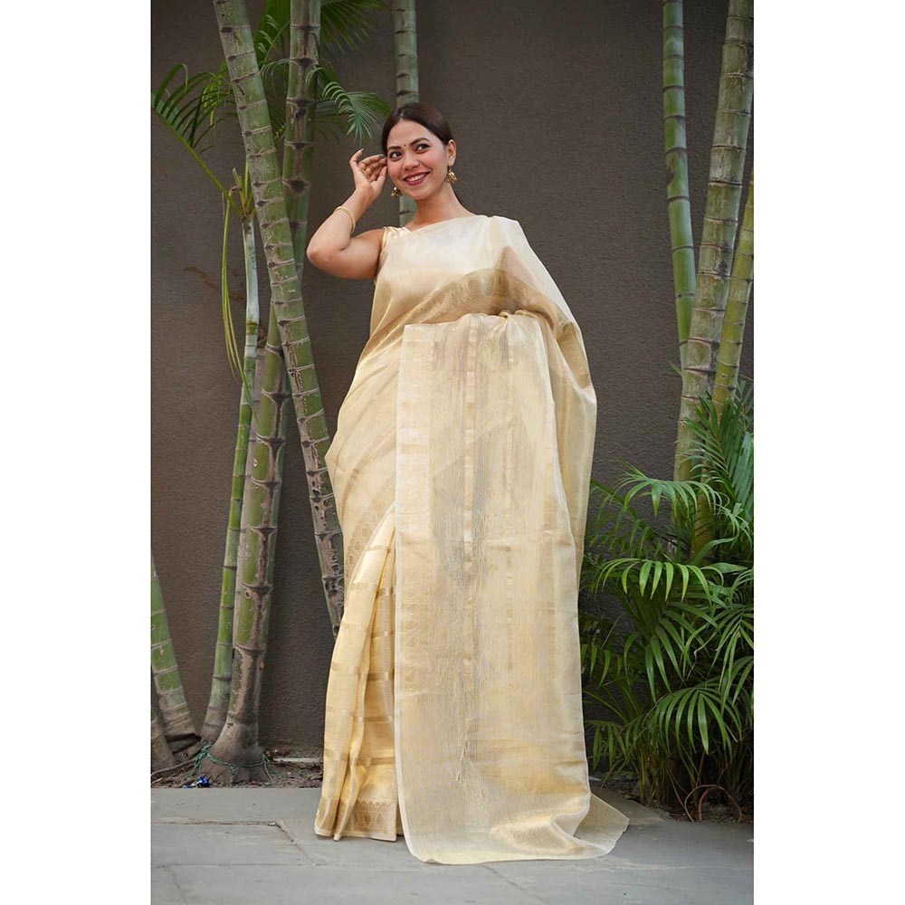 Isadora Life Gold Woven Pre-Draped Saree with Unstitched Blouse
