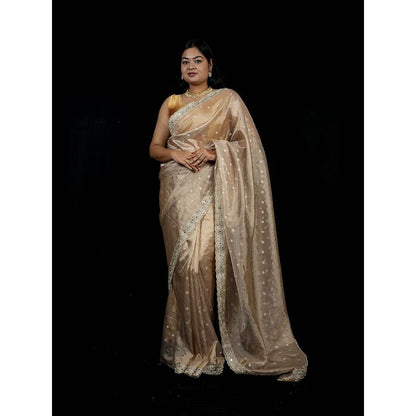 Isadora Life Gold Embroidered Pre-Draped Saree with Unstitched Blouse
