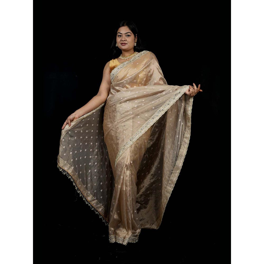 Isadora Life Gold Embroidered Pre-Draped Saree with Unstitched Blouse