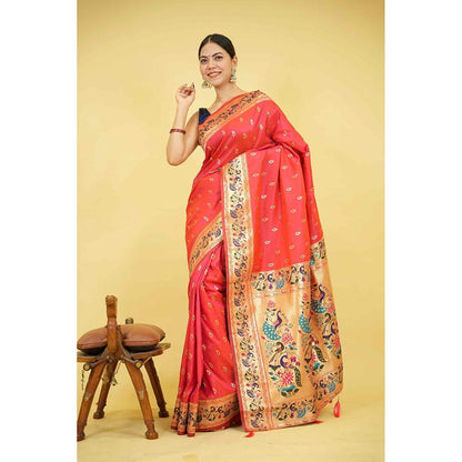 Isadora Life Red Woven Pre-Draped Saree with Unstitched Blouse