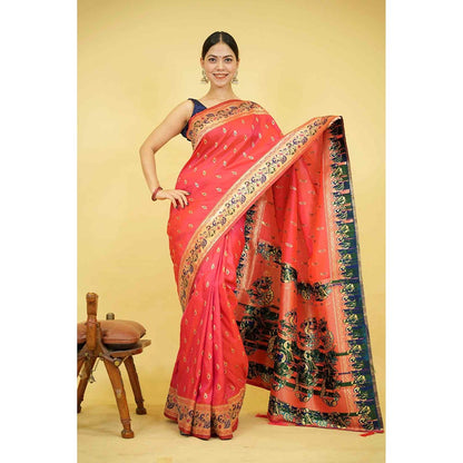 Isadora Life Red Woven Pre-Draped Saree with Unstitched Blouse