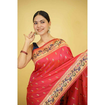 Isadora Life Red Woven Pre-Draped Saree with Unstitched Blouse
