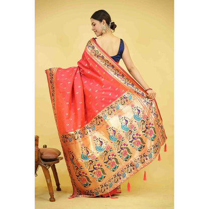 Isadora Life Red Woven Pre-Draped Saree with Unstitched Blouse