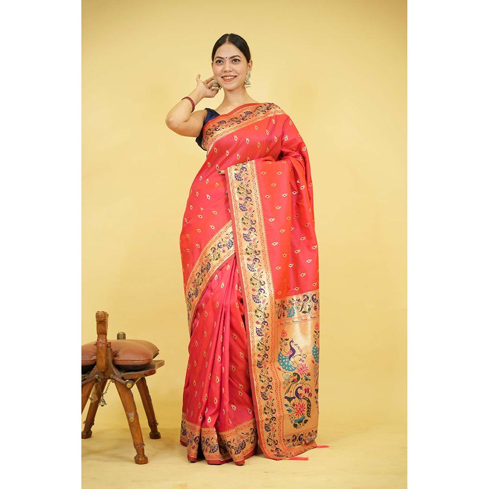 Isadora Life Red Woven Pre-Draped Saree with Unstitched Blouse