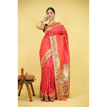 Isadora Life Red Woven Pre-Draped Saree with Unstitched Blouse