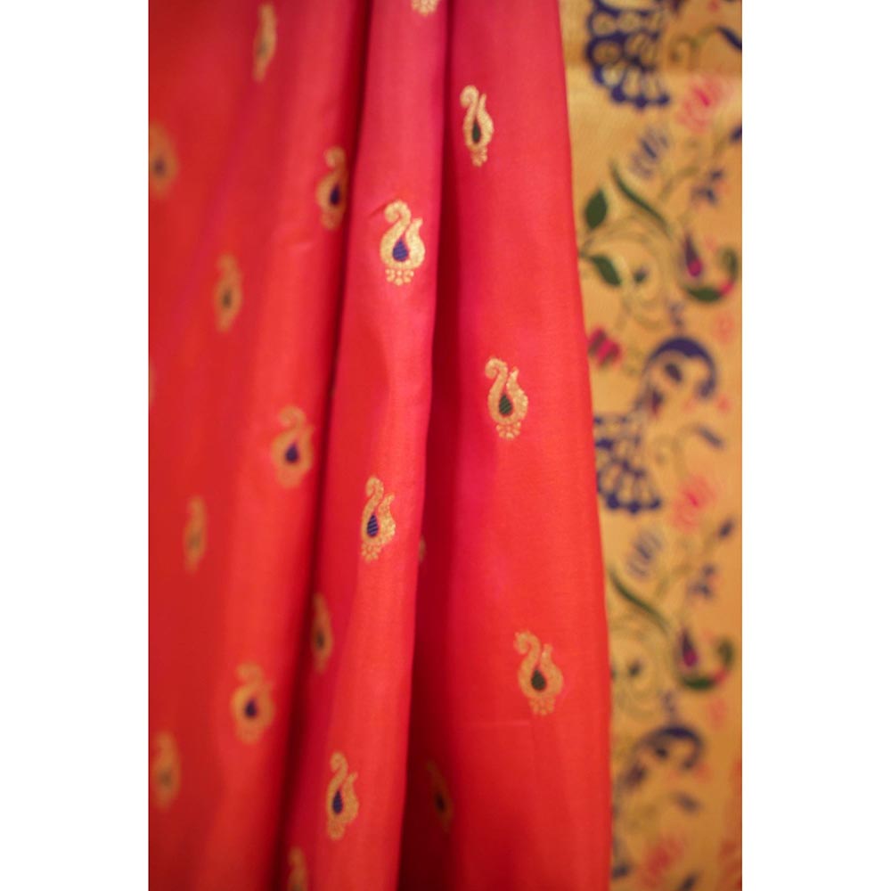 Isadora Life Red Woven Pre-Draped Saree with Unstitched Blouse