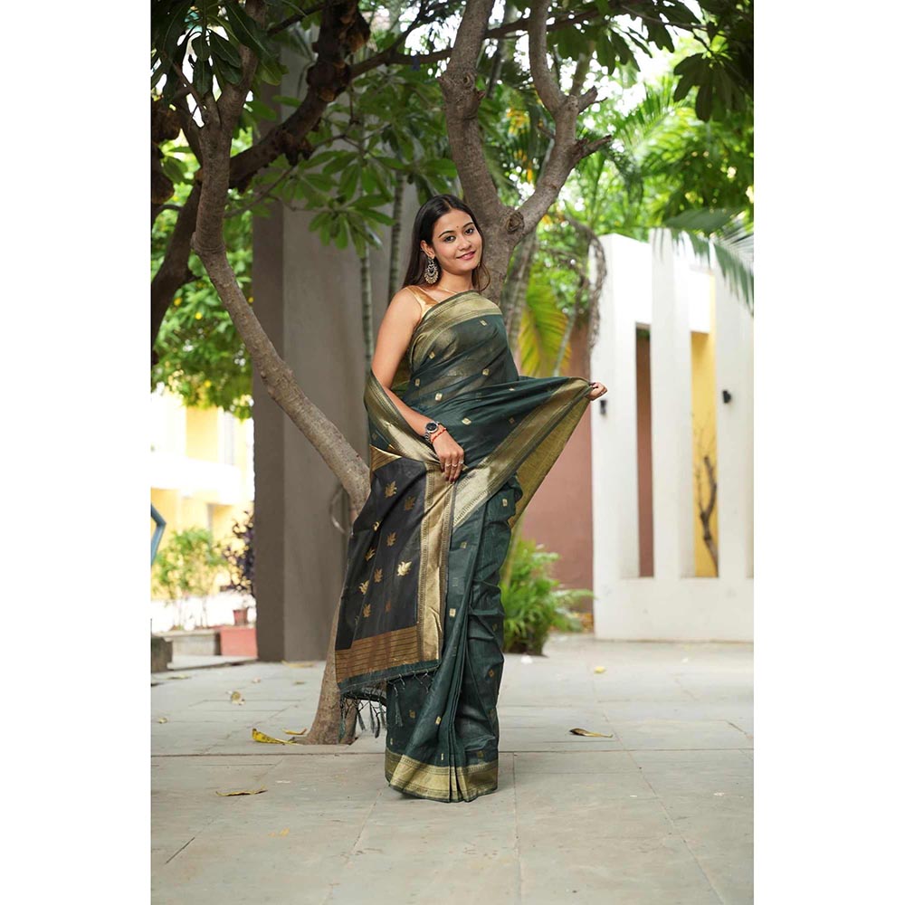 Isadora Life Green Woven Pre-Draped Saree with Unstitched Blouse