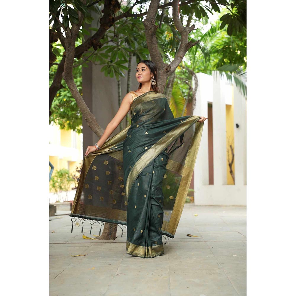 Isadora Life Green Woven Pre-Draped Saree with Unstitched Blouse