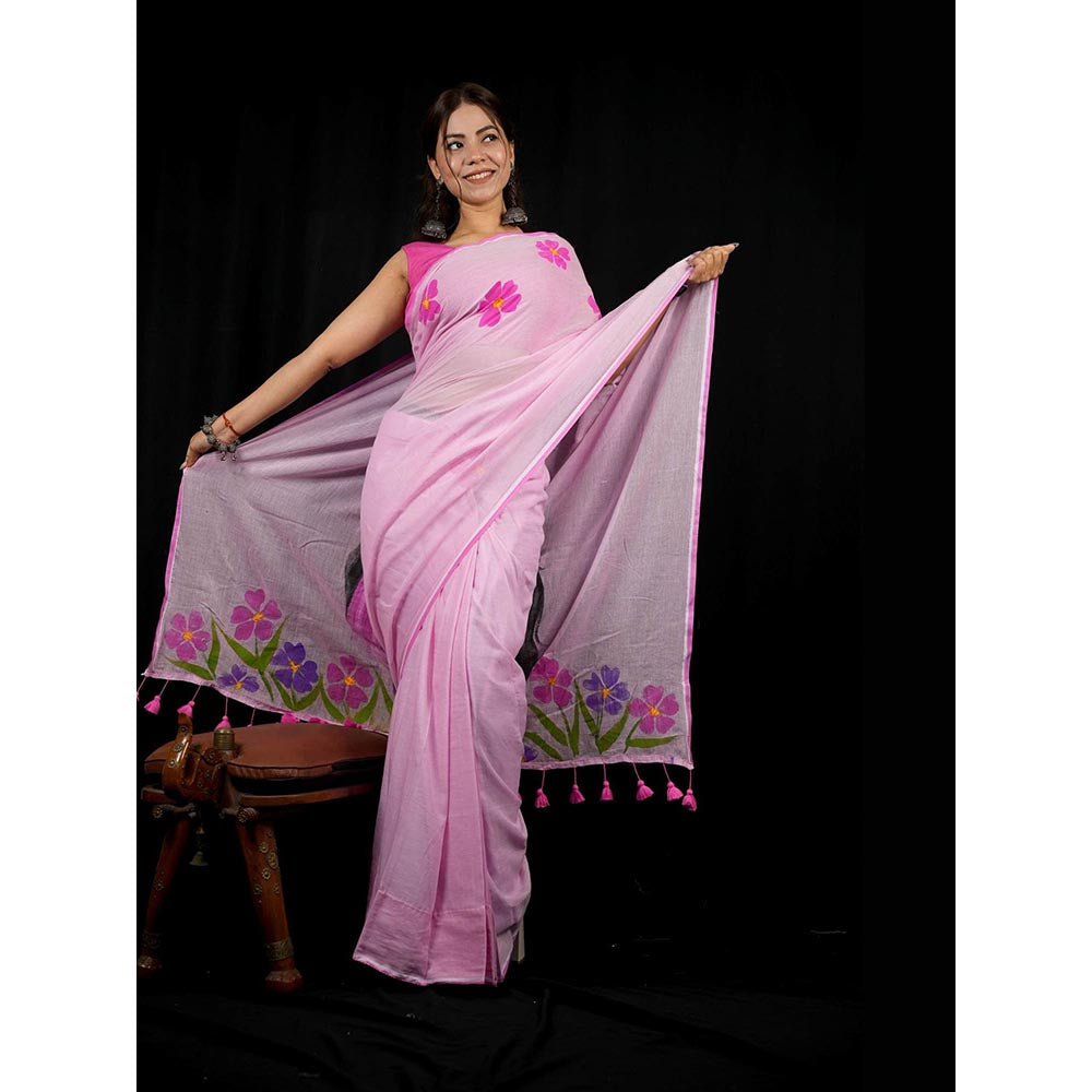 Isadora Life Pink Floral Pre-Draped Saree with Unstitched Blouse