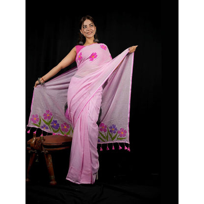 Isadora Life Pink Floral Pre-Draped Saree with Unstitched Blouse