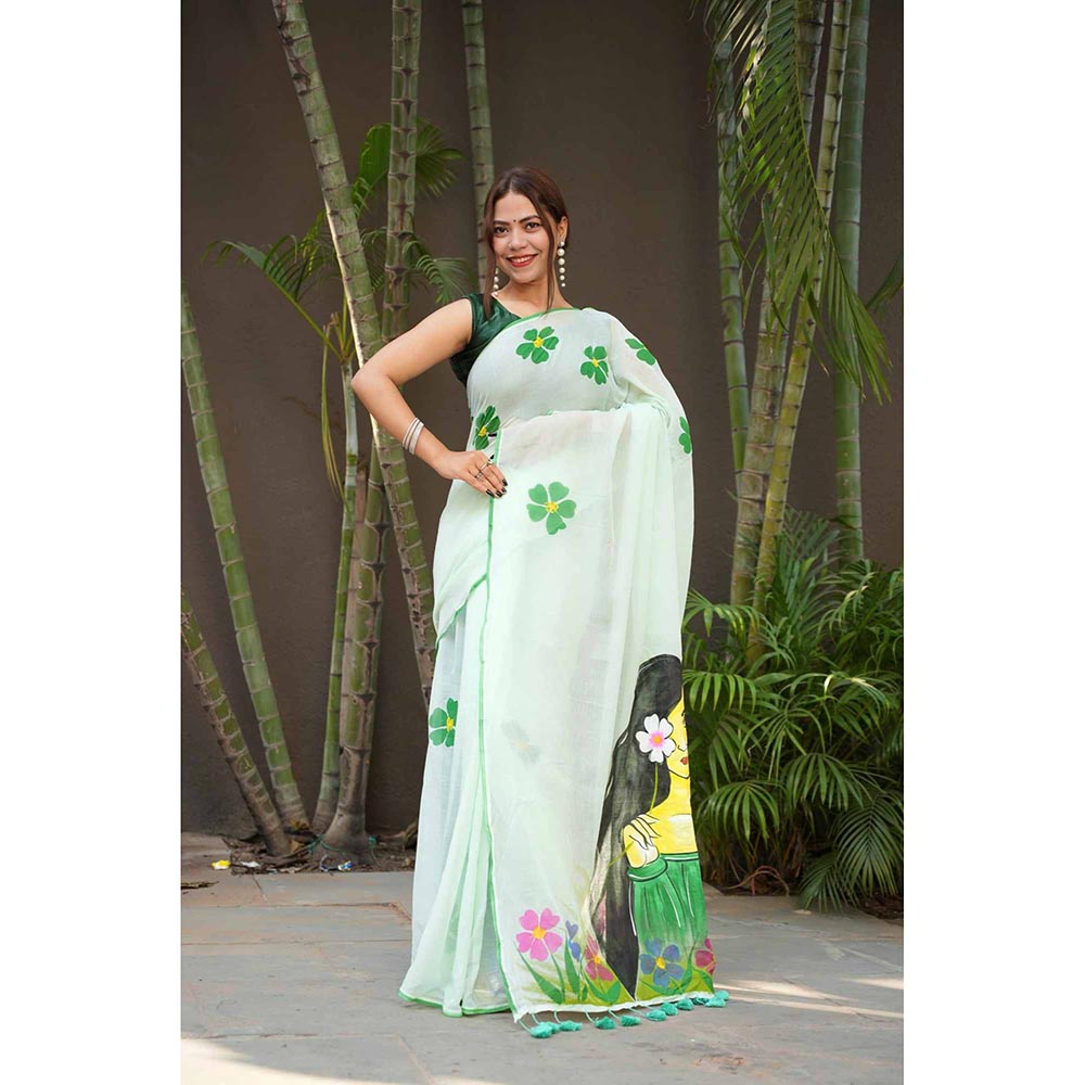 Isadora Life Green Floral Pre-Draped Saree with Unstitched Blouse