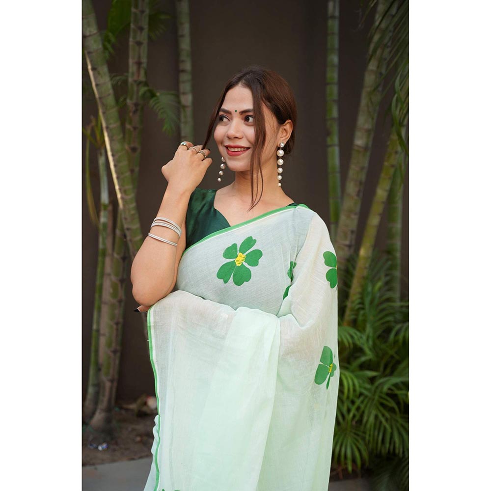Isadora Life Green Floral Pre-Draped Saree with Unstitched Blouse