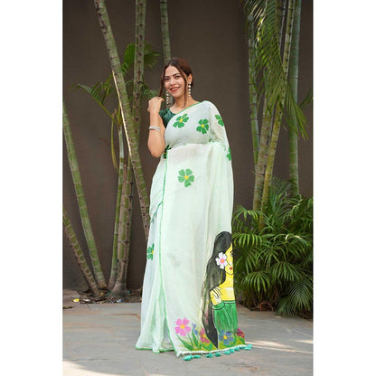 Isadora Life Green Floral Pre-Draped Saree with Unstitched Blouse