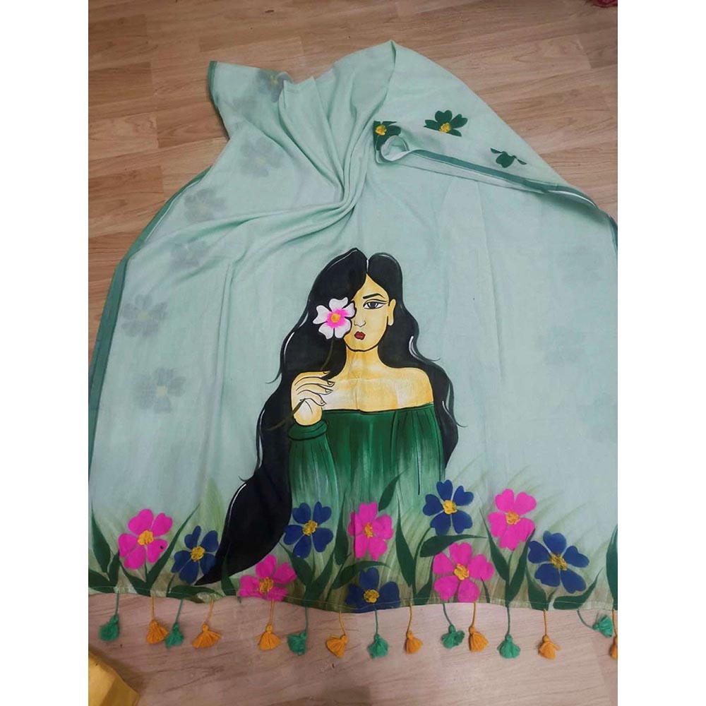 Isadora Life Green Floral Pre-Draped Saree with Unstitched Blouse