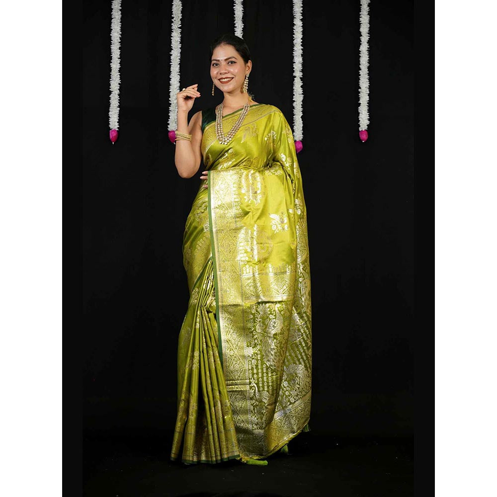 Isadora Life Green Floral Pre-Draped Saree with Unstitched Blouse