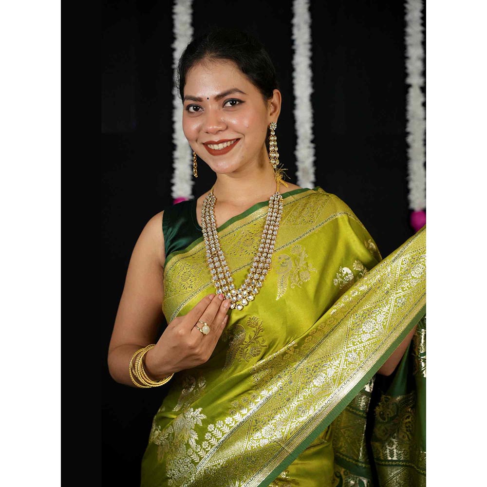 Isadora Life Green Floral Pre-Draped Saree with Unstitched Blouse