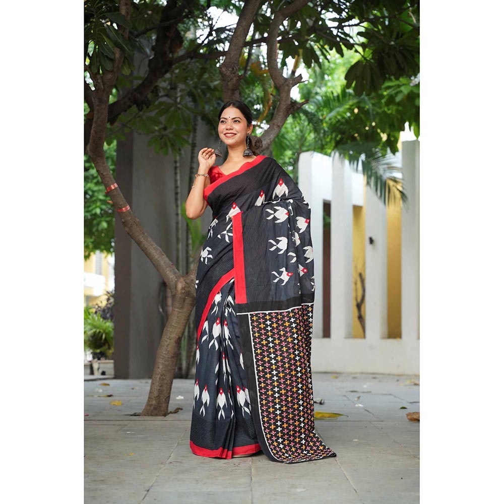 Isadora Life Black Printed Pre-Draped Saree with Unstitched Blouse