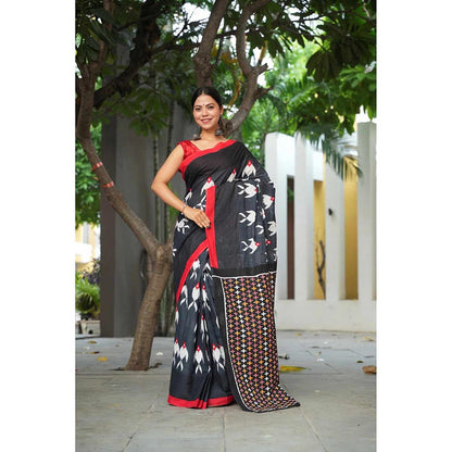 Isadora Life Black Printed Pre-Draped Saree with Unstitched Blouse