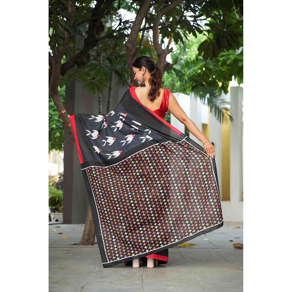 Isadora Life Black Printed Pre-Draped Saree with Unstitched Blouse