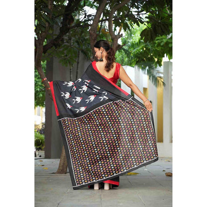 Isadora Life Black Printed Pre-Draped Saree with Unstitched Blouse
