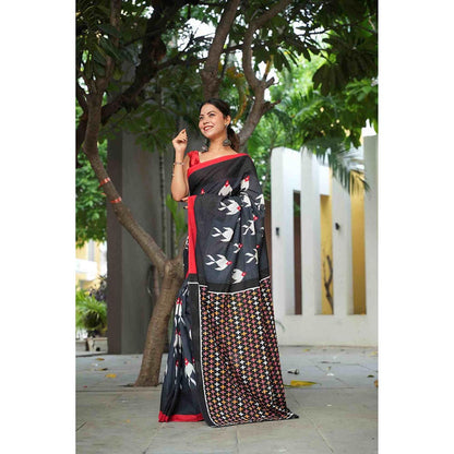 Isadora Life Black Printed Pre-Draped Saree with Unstitched Blouse