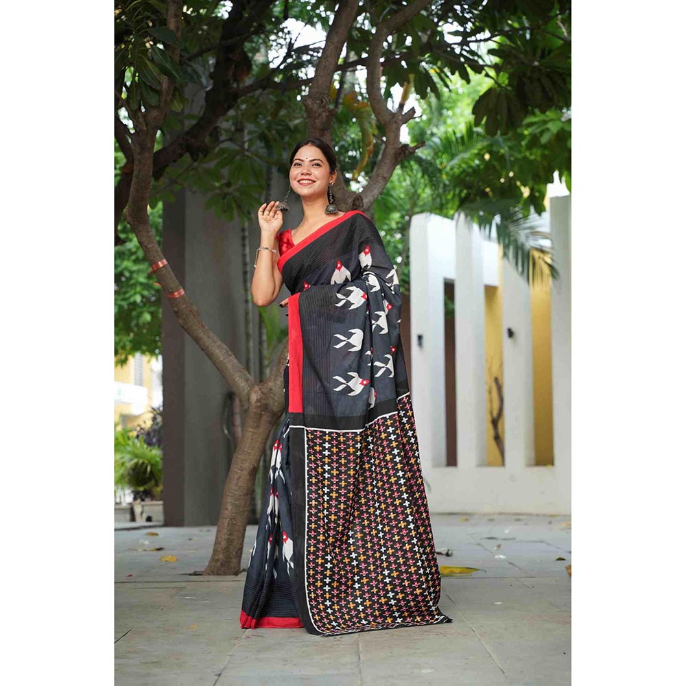 Isadora Life Black Printed Pre-Draped Saree with Unstitched Blouse
