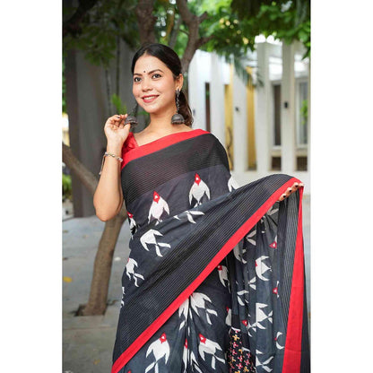 Isadora Life Black Printed Pre-Draped Saree with Unstitched Blouse