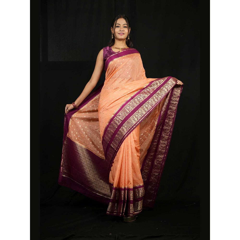 Isadora Life Peach Floral Pre-Draped Saree with Unstitched Blouse
