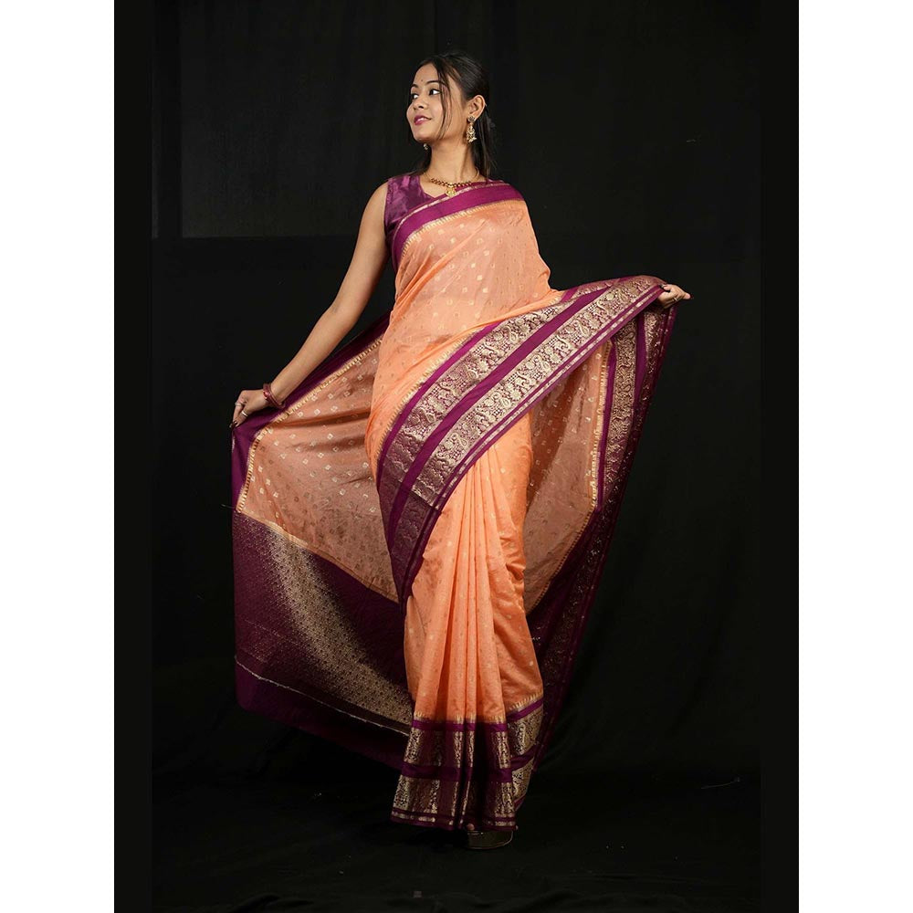 Isadora Life Peach Floral Pre-Draped Saree with Unstitched Blouse