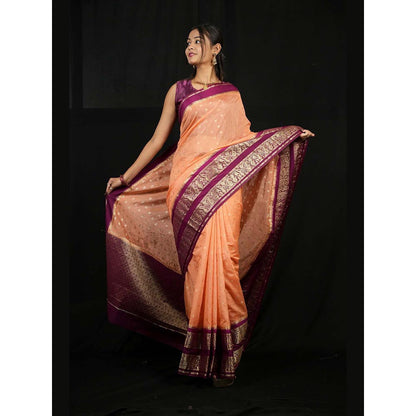 Isadora Life Peach Floral Pre-Draped Saree with Unstitched Blouse