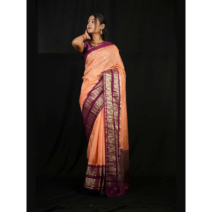 Isadora Life Peach Floral Pre-Draped Saree with Unstitched Blouse