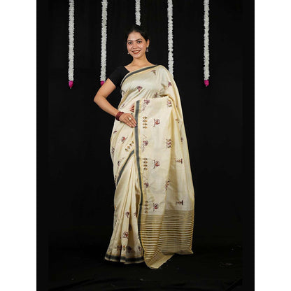 Isadora Life Beige Embroidered Pre-Draped Saree with Unstitched Blouse