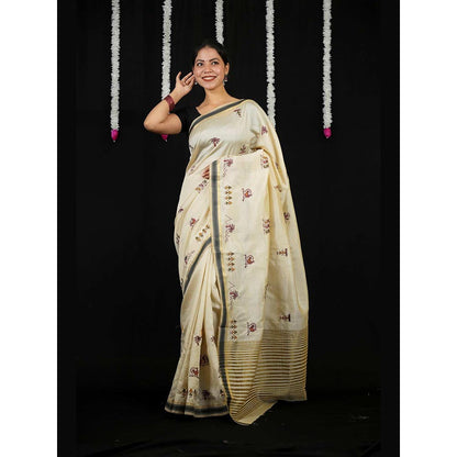 Isadora Life Beige Embroidered Pre-Draped Saree with Unstitched Blouse