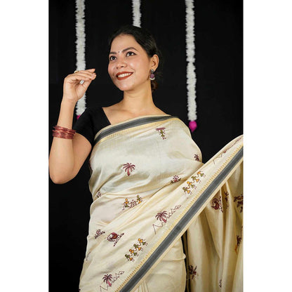 Isadora Life Beige Embroidered Pre-Draped Saree with Unstitched Blouse
