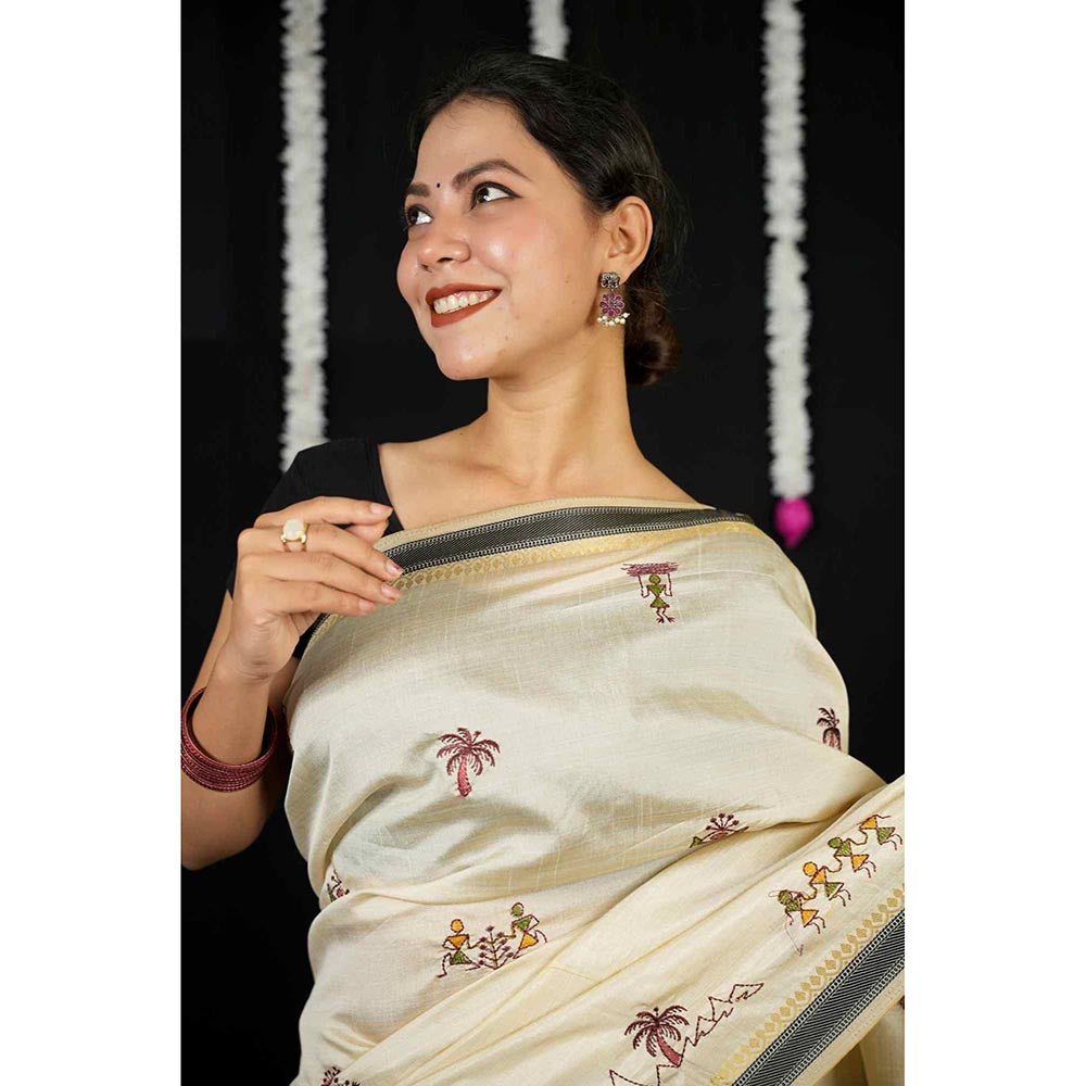 Isadora Life Beige Embroidered Pre-Draped Saree with Unstitched Blouse